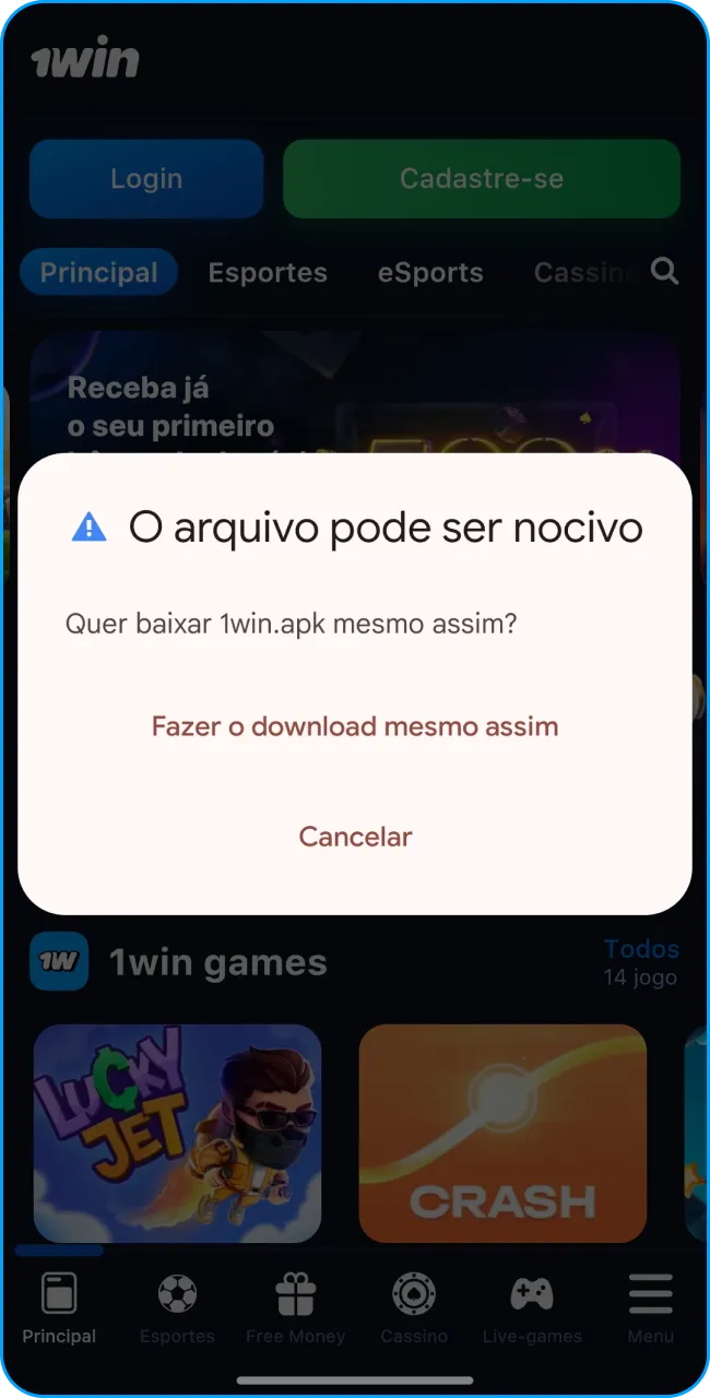 Confirme o download e explore 1win.