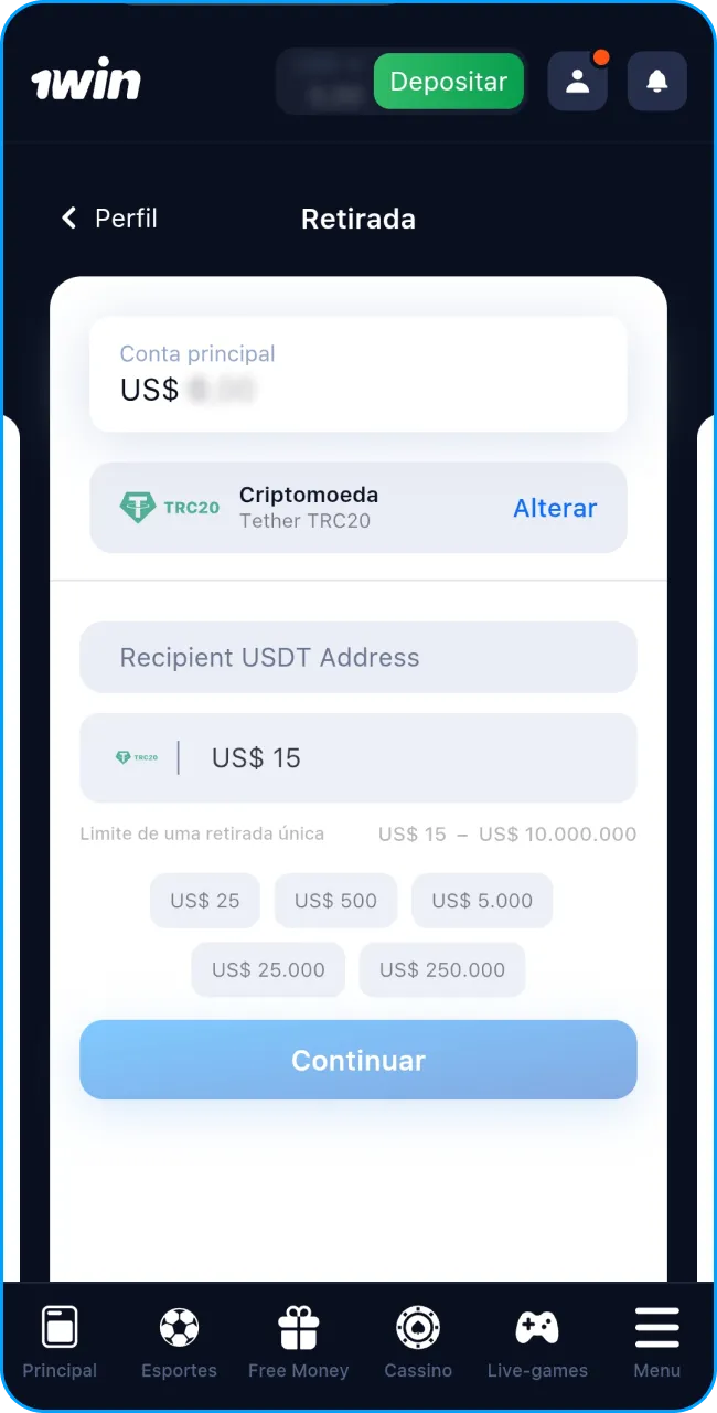 Insira o valor e saque na 1win.
