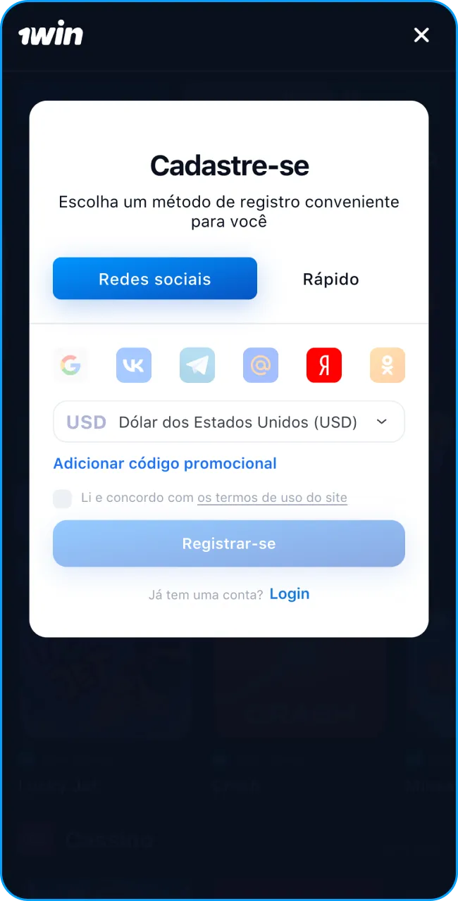 Use redes sociais para entrar na 1win.