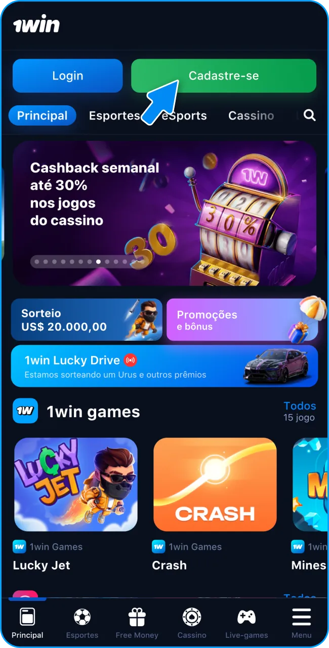 Clique e crie sua conta na 1win.