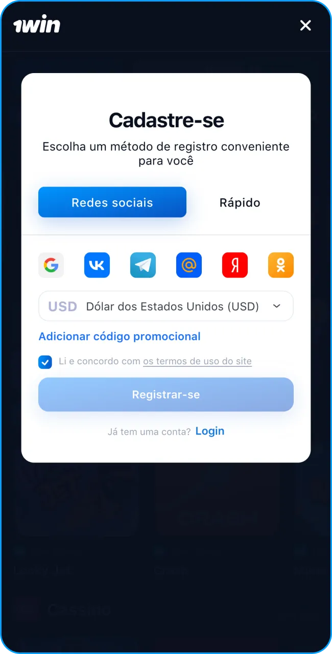 Escolha como se registrar na 1win.