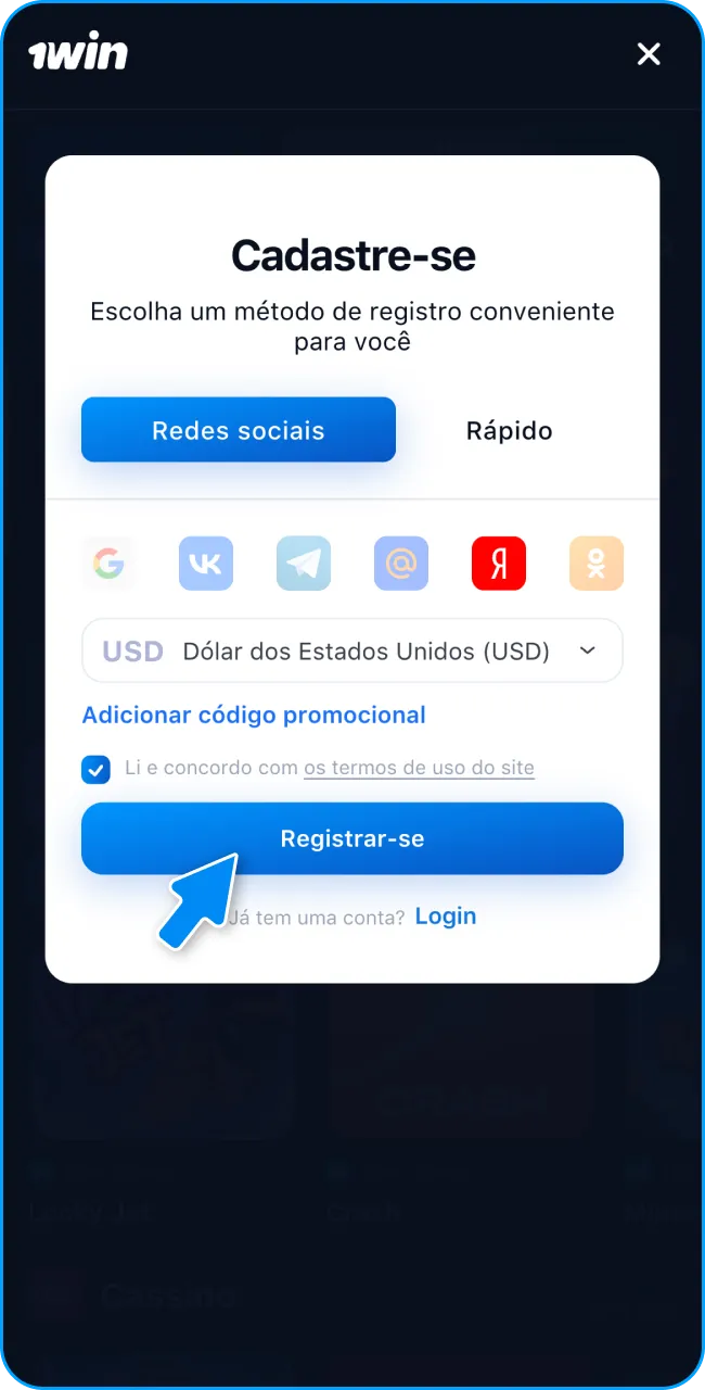 Finalize o cadastro e jogue na 1win.